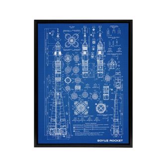 Artery8 Soyuz Rocket USSR Soviet Space Blueprint Framed Canvas Wall Art Print in Blue | Size: W24 x H32