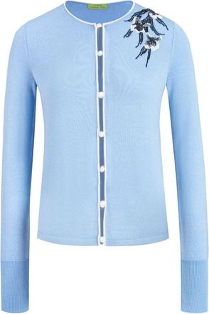Shanghai Tang embroidered round-neck cardigan - women - Wool/Silk - 40 - Blue