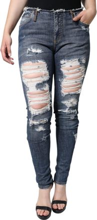 Dolce & Gabbana Womens Blue Cotton Stretch Tattered Skinny Jeans White Elastane Clothing