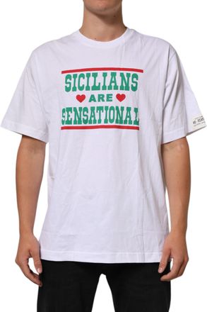 Dolce & Gabbana White Graphic Print Cotton Crew Neck Mens T-shirt