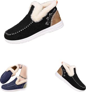 Generic Womens Winter Plush Lined Flat Shoes, Winter Flat Fluffy Ankle Snow Boots,Loafer Casual Outdoor Plush Short,Warm Faux Fur Lined Anti-Slip Slip on (Bla