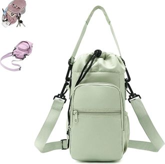 Generic Large Capacity Water Bottle Shoulder Bag, Multi-Pocket Storage Holder for 40oz Bottle, Lightweight for Hiking Camping Travelling (Green)