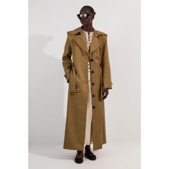 Karen Millen Strong Shoulder Belted Maxi Trench Coat in Olive at Nordstrom, Size 12