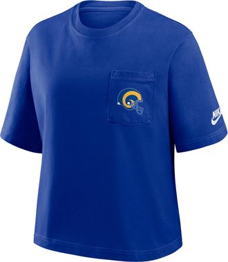 Nike Los Angeles Rams Rewind Pocket Boxy Nike Womens NFL T-Shirt in Blue | 11CM4DA9TV-WZ9