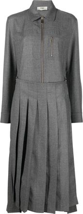 Fendi spread-collar pleated midi dress - women - Wool - 40 - Grey