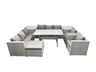Fimous Rattan Garden Furniture Set Outdoor 8 Seater Patio Dinin g Sofa Sets with Dining Table 2 Chairs 2 Side Tables Big Footstool Light Grey Mixed