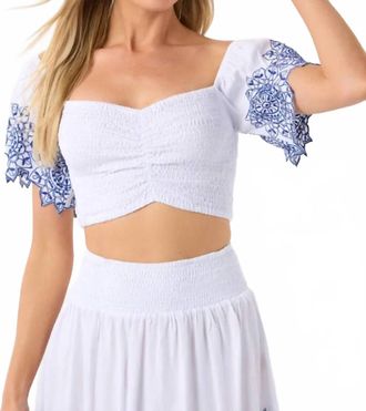 Tiare Hawaii Salty Cropped Top In White Blue Embroidery