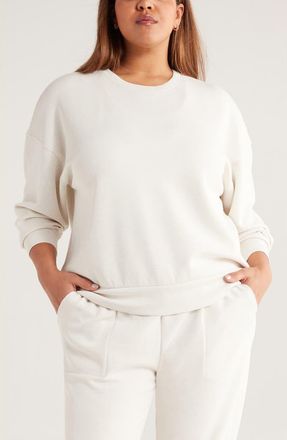 Zella Ultrasoft Boxy Knit Crew Sweatshirt in Beige Ivory Heather at Nordstrom, Size 2X