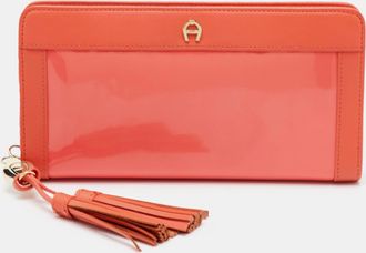 Aigner Cavallina Orange Leather And Patent Leather Tassel Zip Around Wallet