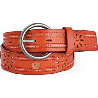 OLD TREND Blossom Genuine Leather Stitched Perforated Detail Belt in Camel at Nordstrom, Size Medium