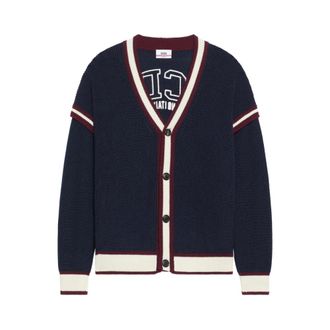 GCDS Cardigans, male, Blue, Size: M Navy Blue Striped V-Neck Sweater