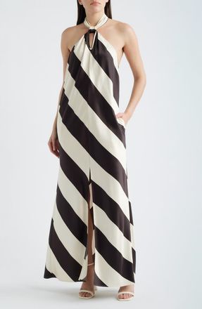 Ronny Kobo Vega Stripe Satin Halter Dress in Brown /Ivory at Nordstrom, Size X-Small