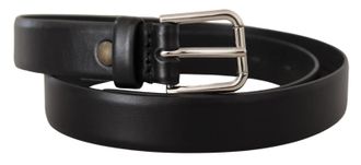 Dolce & Gabbana Black Calf Leather Silver Tone Logo Buckle Mens Belt
