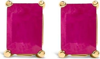 House of Brilliance 14K Gold 6x4MM Emerald Shaped Gemstone Solitaire Stud Earrings in Red Ruby | Yellow at Nordstrom