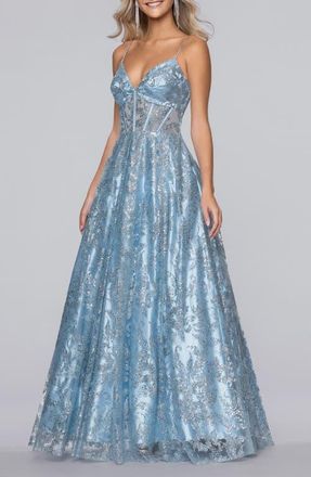 Blondie Nites Jill Glitter Mesh Corset Gown in Light Blue at Nordstrom, Size 11