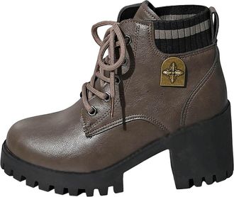 Generic Womens Chunky Boots Comfortable Stylish Biker Booties Round Toe Solid Color Knit Collar Faux Leather Lace Up Ankle Boots Parties Office