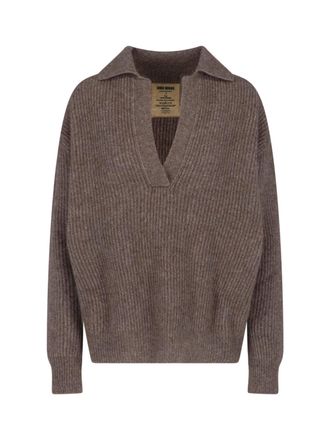 Uma Wang Brown Deep V-Neck Wide-Collar Wool-Blend Sweater