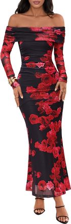 Merokeety Womens Fall Off Shoulder Floral Maxi Dresses Formal Long Sleeve Bodycon Cocktail Wedding Guest Dress, Wine, S