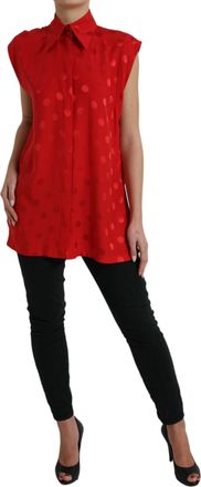 Dolce & Gabbana Womens Red Polka Dot Sleeveless Collared Blouse Top Silk
