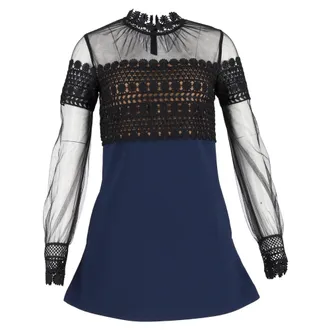Self Portrait Lace Long Sleeve Mini Dress in Navy Blue Polyamide