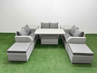 Fimous 8 Seater PE Wicker Rattan Furniture Sofa Sets w/ Adjustable Lifting Dining or Coffee Table 2 Seater Love Sofa 2 Big Footstool 2 Side Table