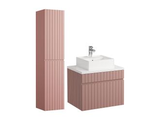 Vente-Unique Mueble de ba&ntilde;o suspendido estriado rosa con lavabo sobre encimera y columna - 60 cm - SATARA
