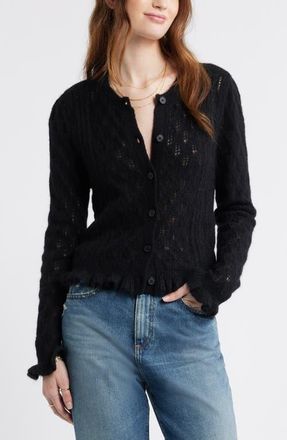 Treasure & Bond Pointelle Ruffle Edge Cardigan in Black at Nordstrom, Size Xx-Small