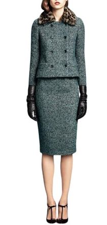 Gucci Green Alpaca & Wool Tweed Suit with Removable Mink Fur Collar Size S