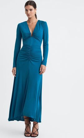 Reiss Womens Blue Ruched Plunge Neck Midi Dress, Size: 10