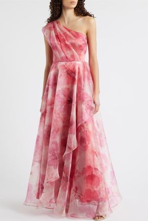 Eliza J One-Shoulder Floral Chiffon Gown in Poppy at Nordstrom, Size 16