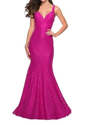 La Femme Strappy Low Back Lace Mermaid Gown In Pink