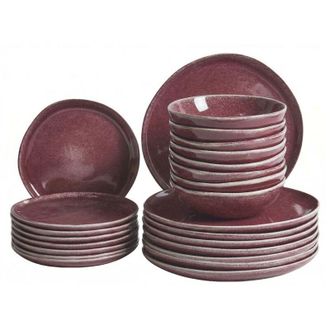 Beliani Set di 24 stoviglie in gres caolino fatto a mano con smalto reattivo bordeaux Hops