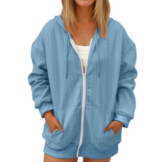 Generic Zip Up Hoodie for Women Long Sleeve Sweatshirts Hooded Jackets with Pockets Oversized Hoodies Casual Cardigan Coats Solid Color Zipped Sweatshirt Loos
