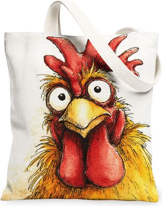 Generic Funny Rooster Canvas Tote Bags, Chicken Art Pattern Reusable Grocery Bags, Spring Rustic Lightweight Washable Shoulder Stra, White, 13x15 Inch