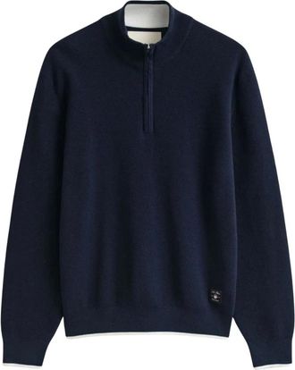 GANT Ribbed Cotton Half-Zip Jumper - male - Gant - Turtlenecks - Blue - 2XL - Knitwear