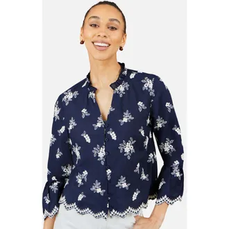 Yumi Fluted Sleeves V-Neck Shirt in Navy at Nordstrom, Size 12