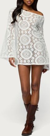 Edikted Sheer Lace One-Shoulder Long Sleeve Minidress in White at Nordstrom, Size X-Large