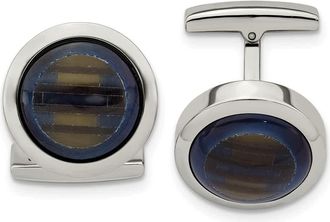 Diamond2Deal Stainless Steel Polished Blue and Brown Cats Eye Circle Cufflinks