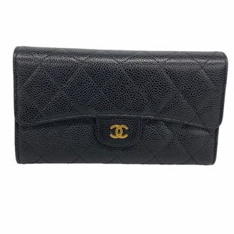 Chanel Black Grained Calfskin Long Wallet (Tri-Fold) (Pre-Owned)