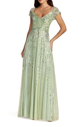 Mac Duggal Striped Sequin Mesh Gown With Beaded Shoulders in Sage at Nordstrom, Size 10
