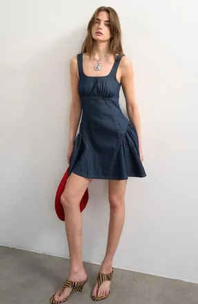 Topshop Peplum Hem Denim Minidress in Medium Blue at Nordstrom, Size 16