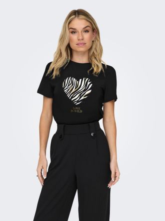 Only Kurzarmshirt ONLY ONLKITA LIFE REG S/S MIX TOP CS JRS EX., Damen, Gr. M, schwarz (schwarz print:zebra heart), Single Jersey, Obermaterial: 100% Baumwo