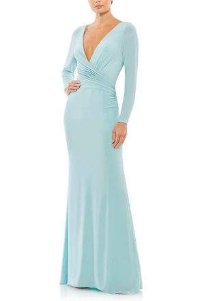 Mac Duggal Long Sleeve Ruched Jersey V-Neck Gown in Powder Blue at Nordstrom, Size 24