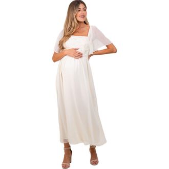 Pinkblush Floral Applique Flutter Sleeved Midi Dress in Cream at Nordstrom, Size Medium