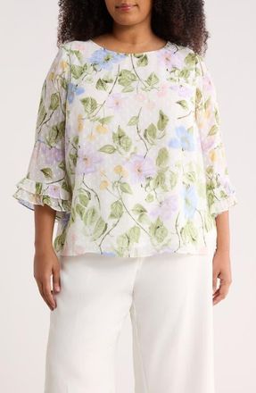 Kasper Floral Print Ruffle Sleeve Shirt in Lily White Multi at Nordstrom, Size 2 X