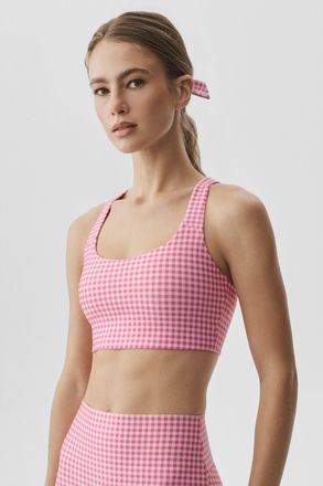 Alo | Airlift Gingham Sleek Bra Tank in Paradise Pink Gingham, Size: Medium