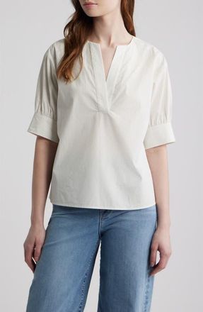 Frame Denim Stripe Split Neck Organic Cotton Popover Top in Cream Multi at Nordstrom, Size X-Small
