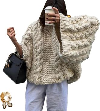 Generic Womens Oversized Sweaters Knit Chunky Pullover Crew Neck Long Sleeve Baggy Cable Knitted Sweater Tops Beige