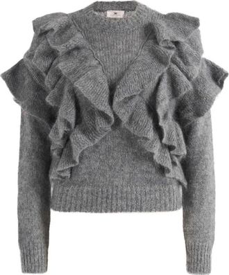Elisabetta Franchi Gebreide Pullover met Ruches - Dames - Ronde hals truien - Grijs - S - Truien & Vesten