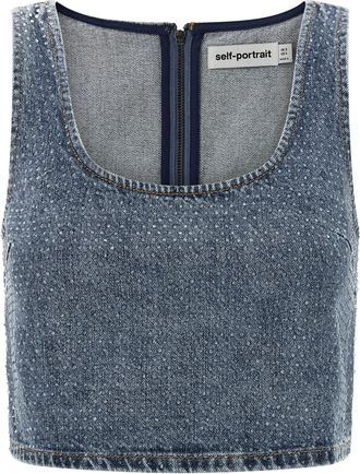 Self Portrait Rhinestone Denim Crop Top Blu-Donna